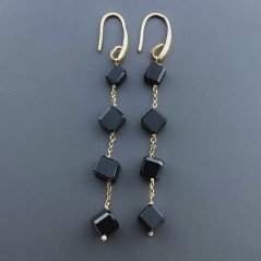 Orecchini In Argento 925 A Nodo Orafo Dorato Con Spinello Nero Cubetti Sfaccettato A Mano