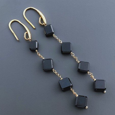 Orecchini In Argento 925 A Nodo Orafo Dorato Con Spinello Nero Cubetti Sfaccettato A Mano