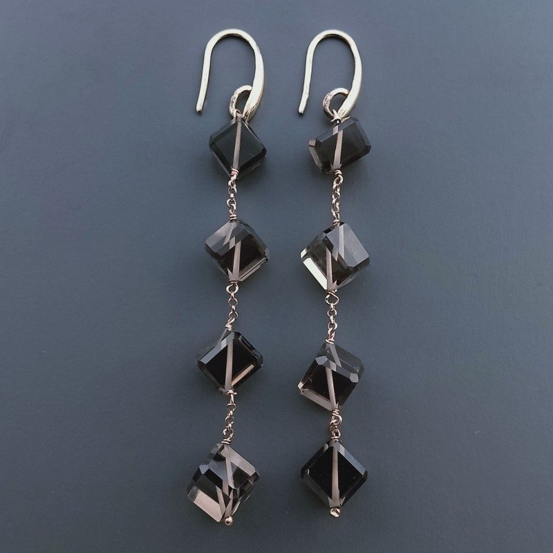 Orecchini In Argento 925 A Nodo Orafo Oro Rosa Con Quarzo Fume Cubetti Sfaccettato A Mano