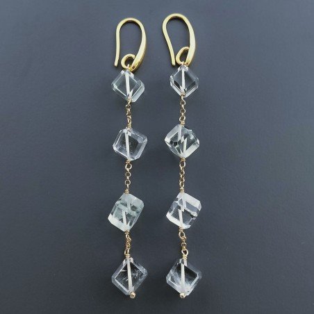 Orecchini In Argento 925 A Nodo Orafo Dorato Con Ametista Verde (Prasiolite) Cubetti Sfaccettato A Mano