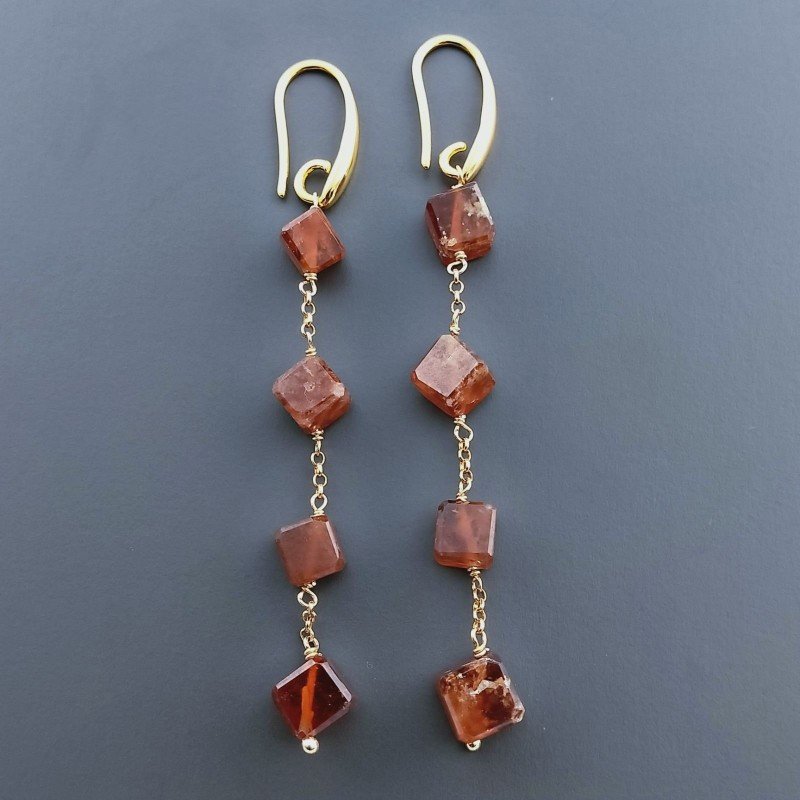 Orecchini In Argento 925 A Nodo Orafo Dorato Con Granato Hessonite Cubetti Sfaccettato A Mano