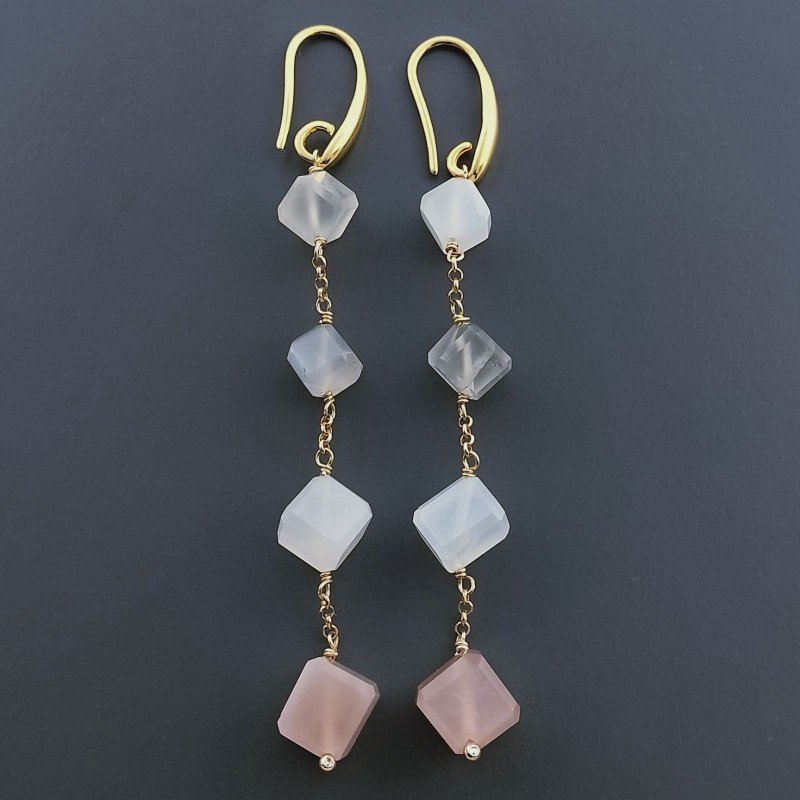 Orecchini In Argento 925 A Nodo Orafo Dorato Con Pietra Di Luna Multi Cubetti Sfaccettato A Mano