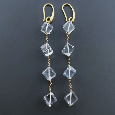 Orecchini In Argento 925 A Nodo Orafo Dorato Con Topazio Bianco Cubetti Sfaccettato A Mano