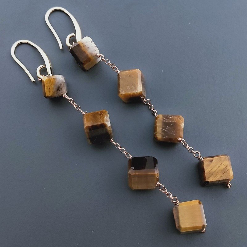 Orecchini In Argento 925 A Nodo Orafo Oro Rosa Con Occhio Di Tigre Cubetti Sfaccettato A Mano