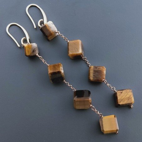 Orecchini In Argento 925 A Nodo Orafo Oro Rosa Con Occhio Di Tigre Cubetti Sfaccettato A Mano