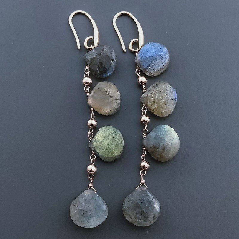 Orecchini In Argento 925 A Nodo Orafo Oro Rosa Con Labradorite Goccia Briolette Sfaccettato A Mano