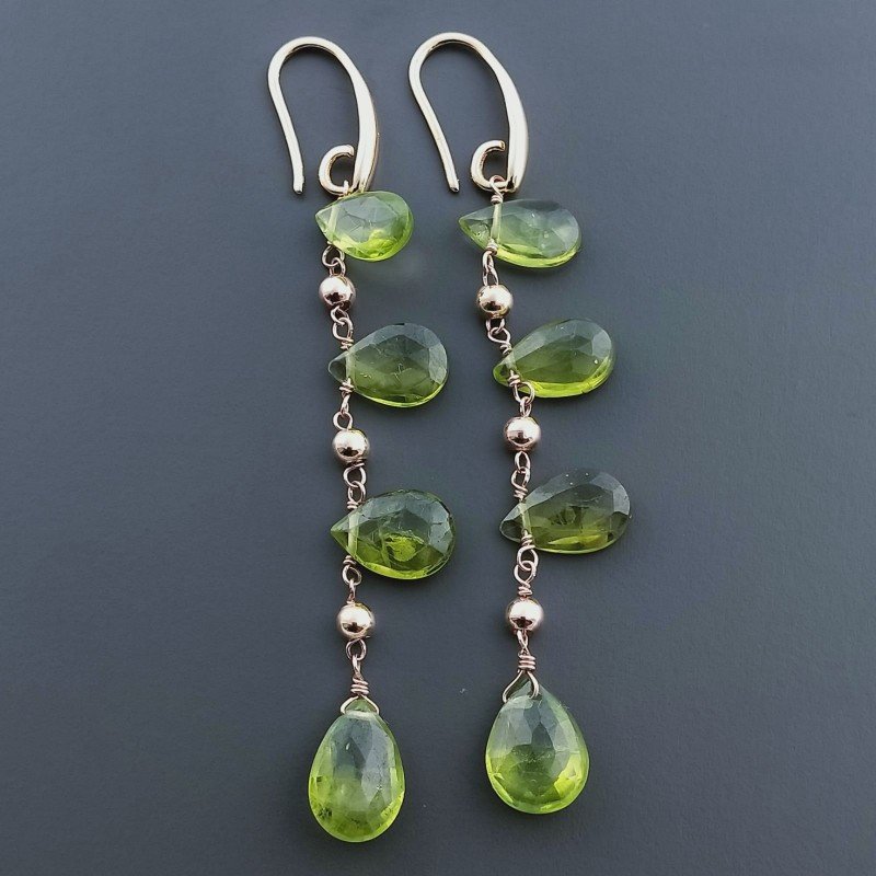 Orecchini In Argento 925 A Nodo Orafo Oro Rosa Con Olivina (Peridoto) Goccia Briolette Sfaccettato A Mano