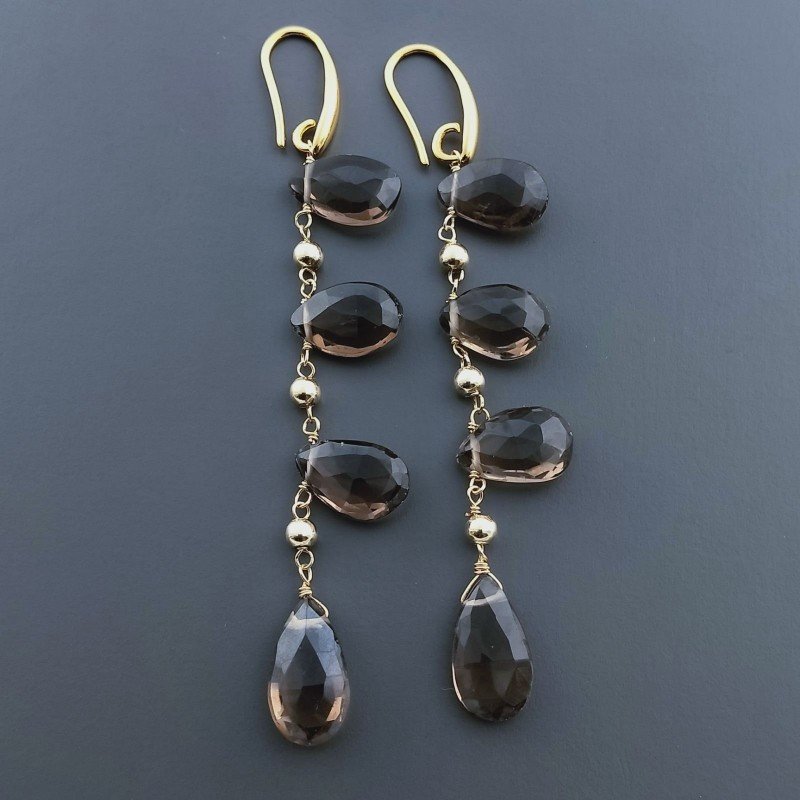 Orecchini In Argento 925 A Nodo Orafo Dorato Con Quarzo Fume Goccia Briolette Sfaccettato A Mano