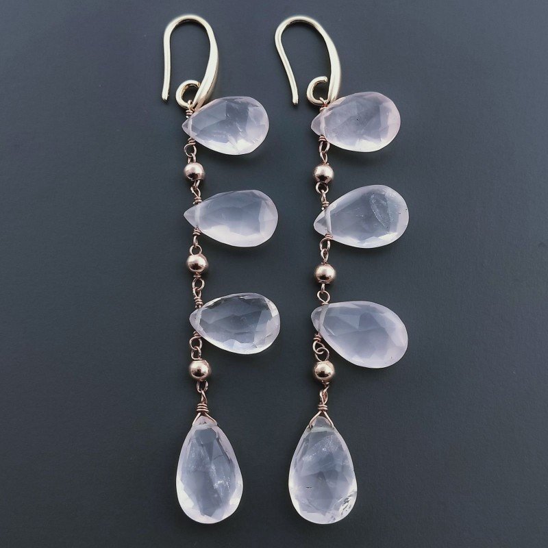 Orecchini In Argento 925 A Nodo Orafo Oro Rosa Con Quarzo Rosa Goccia Briolette Sfaccettato A Mano