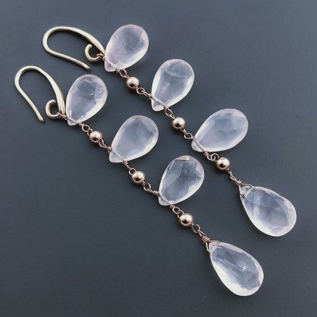 Orecchini In Argento 925 A Nodo Orafo Oro Rosa Con Quarzo Rosa Goccia Briolette Sfaccettato A Mano