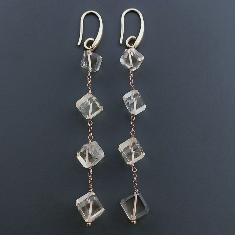 Orecchini In Argento 925 A Nodo Orafo ORo Rosa Con Quarzo Citrino Cubetti Sfaccettato A Mano