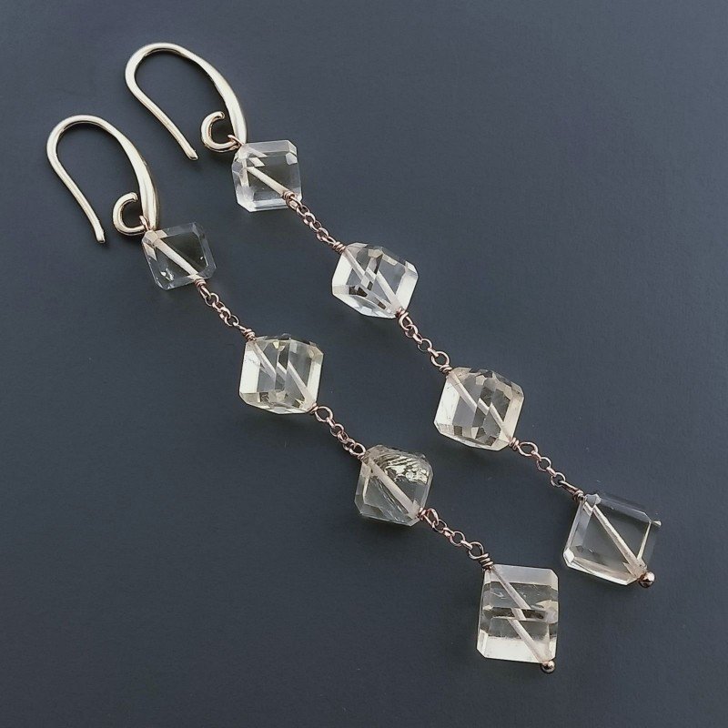 Orecchini In Argento 925 A Nodo Orafo ORo Rosa Con Quarzo Citrino Cubetti Sfaccettato A Mano