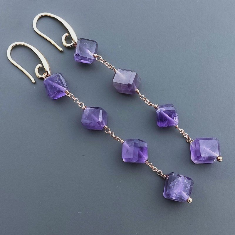Orecchini In Argento 925 A Nodo Orafo Oro Rosa Con Ametista Africana Cubetti Sfaccettato A Mano