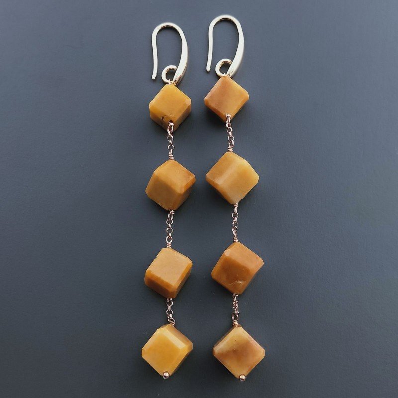 Orecchini In Argento 925 A Nodo Orafo Oro Rosa Con Calcite Gialla Cubetti Sfaccettato A Mano