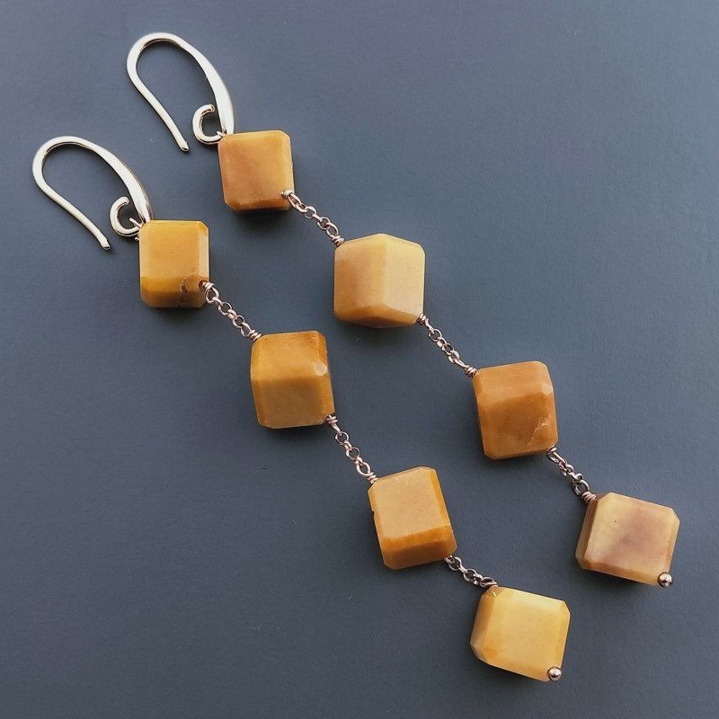 Orecchini In Argento 925 A Nodo Orafo Oro Rosa Con Calcite Gialla Cubetti Sfaccettato A Mano