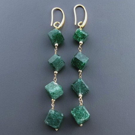 Orecchini In Argento 925 A Nodo Orafo Dorato Con Avventurina Verde Cubetti Sfaccettato A Mano