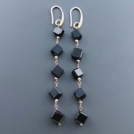 Orecchini In Argento 925 A Nodo Orafo Oro Rosa Con Spinello Nero Cubetti Sfaccettato A Mano