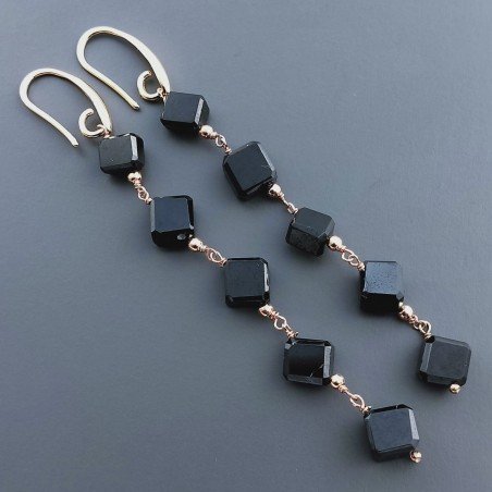 Orecchini In Argento 925 A Nodo Orafo Oro Rosa Con Spinello Nero Cubetti Sfaccettato A Mano