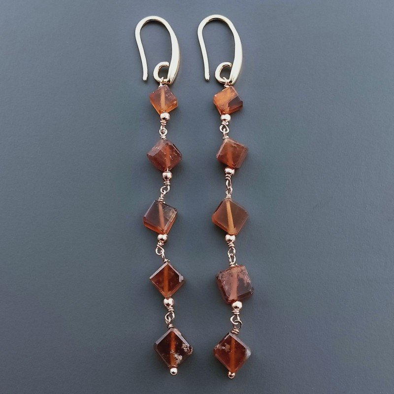 Orecchini In Argento 925 A Nodo Orafo Oro Rosa Con Granato Hessonite Cubetti Sfaccettato A Mano
