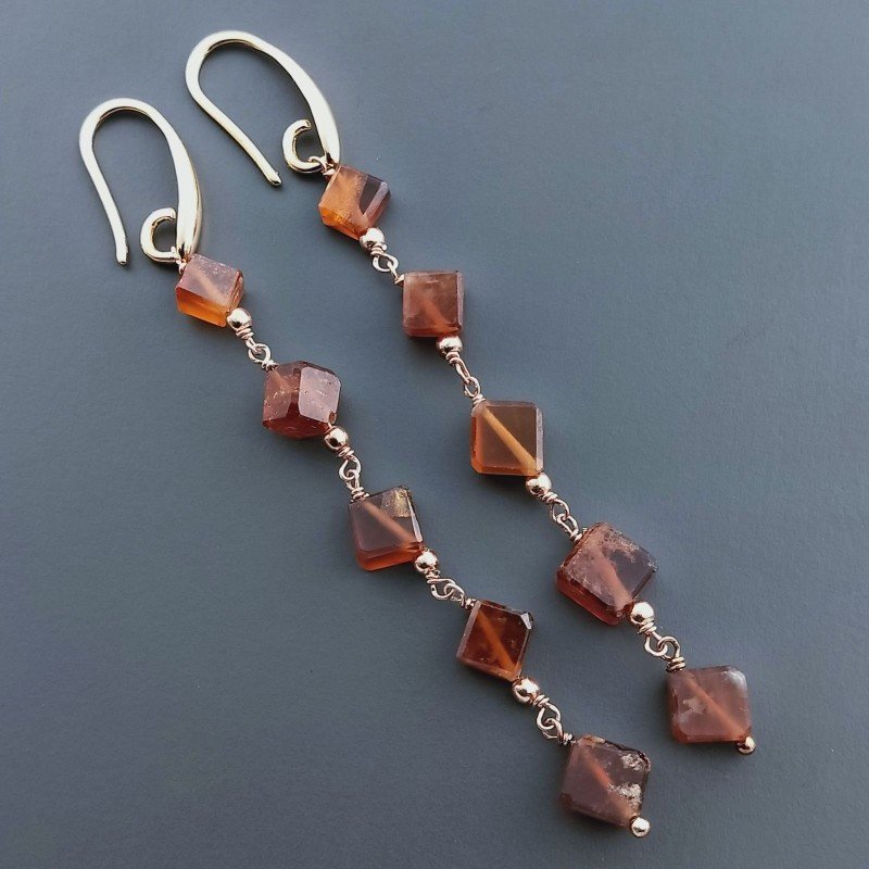 Orecchini In Argento 925 A Nodo Orafo Oro Rosa Con Granato Hessonite Cubetti Sfaccettato A Mano