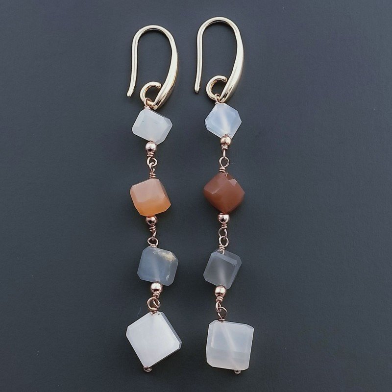 Orecchini In Argento 925 A Nodo Orafo Oro Rosa Con Pietra Di Luna Multi Cubetti Sfaccettato A Mano