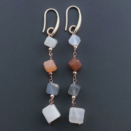 Orecchini In Argento 925 A Nodo Orafo Oro Rosa Con Pietra Di Luna Multi Cubetti Sfaccettato A Mano