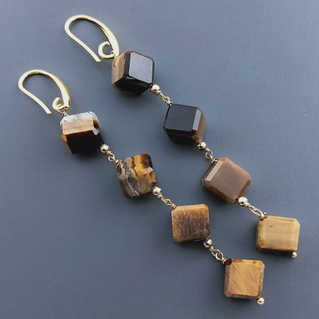 Orecchini In Argento 925 A Nodo Orafo Dorato Con Occhio Di Tigre Cubetti Sfaccettato A Mano