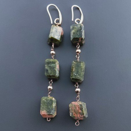 Orecchini In Argento 925 A Nodo Orafo Oro Rosa Con Unakite Taglio Laser Sassi Sfaccettato A Mano
