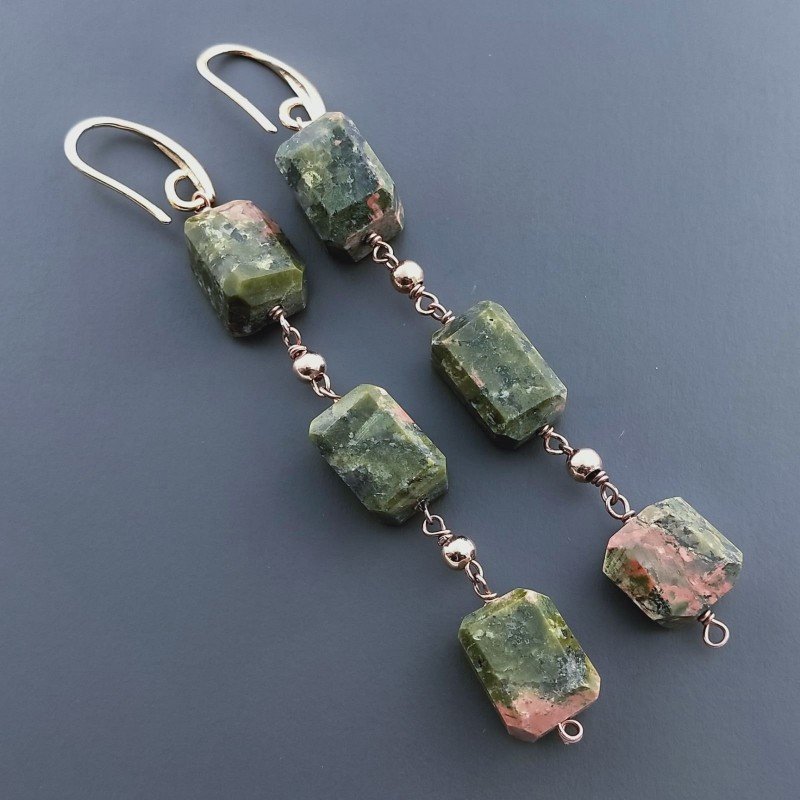Orecchini In Argento 925 A Nodo Orafo Oro Rosa Con Unakite Taglio Laser Sassi Sfaccettato A Mano