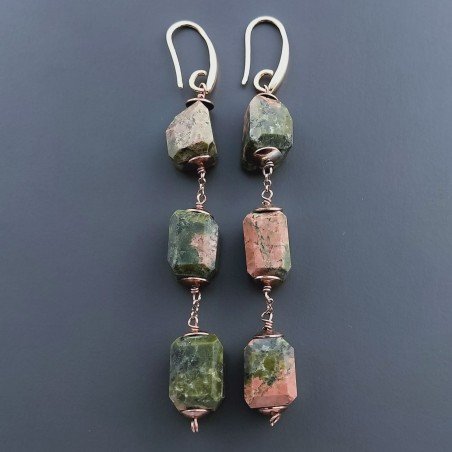 Orecchini In Argento 925 A Nodo Orafo Oro Rosa Con Unakite Taglio Laser Sassi Sfaccettato A Mano