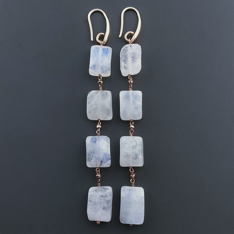 Orecchini In Argento 925 A Nodo Orafo Oro Rosa Con Labradorite Bianca Rettangolo Briolette Sfaccettato A Mano