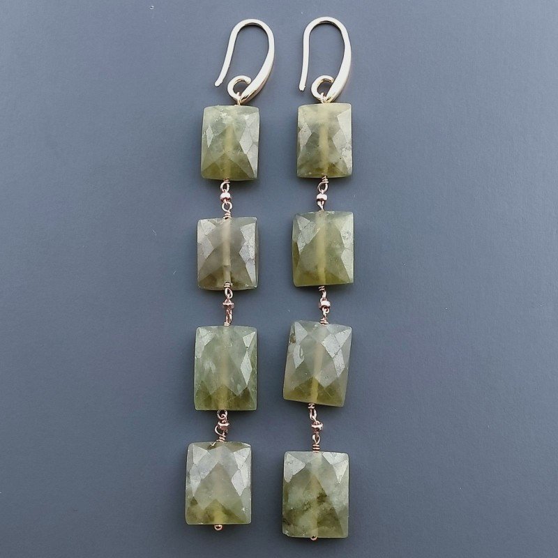 Orecchini In Argento 925 A Nodo Orafo Oro Rosa Con Olivina (Peridoto) Rettangolo Briolette Sfaccettato A Mano