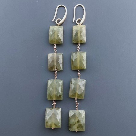 Orecchini In Argento 925 A Nodo Orafo Oro Rosa Con Olivina (Peridoto) Rettangolo Briolette Sfaccettato A Mano