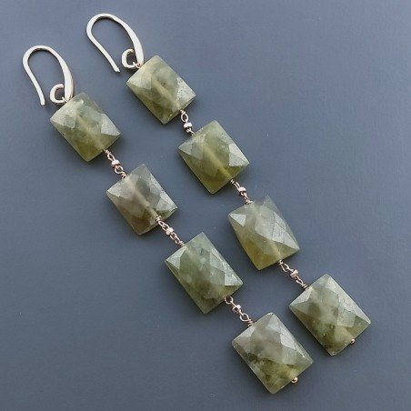 Orecchini In Argento 925 A Nodo Orafo Oro Rosa Con Olivina (Peridoto) Rettangolo Briolette Sfaccettato A Mano