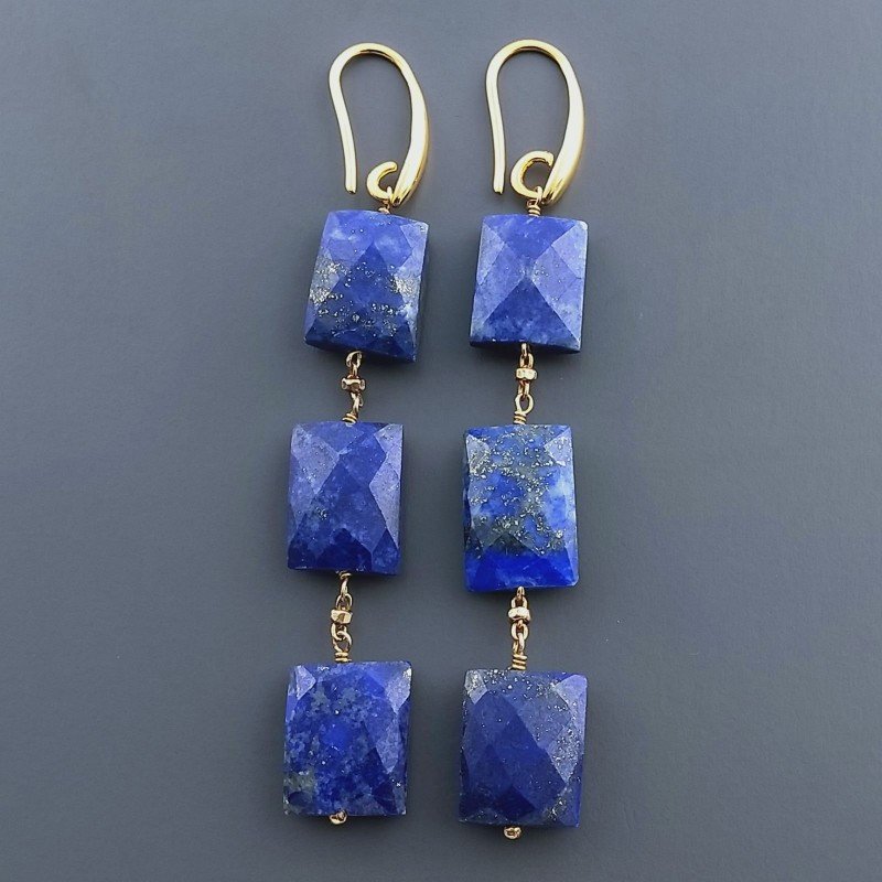 Orecchini In Argento 925 A Nodo Orafo Dorato Con Lapis Lazuli Rettangolo Briolette Sfaccettato A Mano