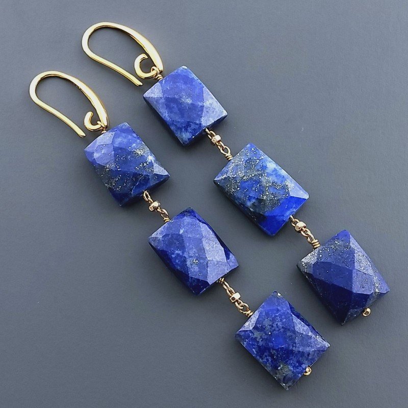 Orecchini In Argento 925 A Nodo Orafo Dorato Con Lapis Lazuli Rettangolo Briolette Sfaccettato A Mano