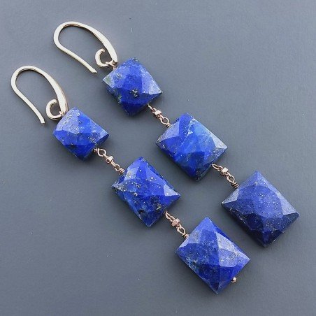 Orecchini In Argento 925 A Nodo Orafo Oro Rosa Con Lapis Lazuli Rettangolo Briolette Sfaccettato A Mano