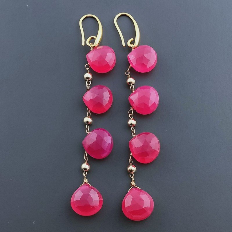 Orecchini In Argento 925 A Nodo Orafo Dorato Con Calcedonio Fucsia Goccia Briolette Sfaccettato A Mano