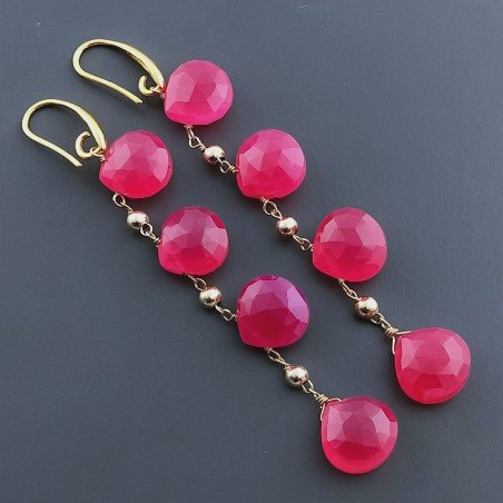 Orecchini In Argento 925 A Nodo Orafo Dorato Con Calcedonio Fucsia Goccia Briolette Sfaccettato A Mano