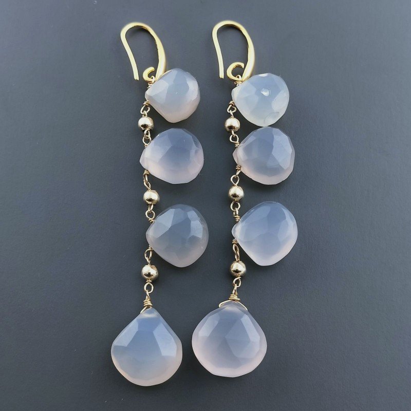 Orecchini In Argento 925 A Nodo Orafo Dorato Con Calcedonio Grigio Goccia Briolette Sfaccettato A Mano