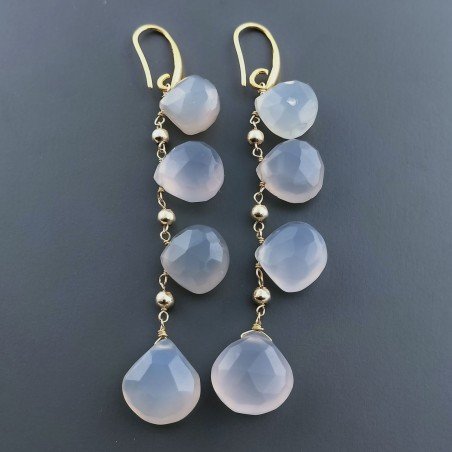 Orecchini In Argento 925 A Nodo Orafo Dorato Con Calcedonio Grigio Goccia Briolette Sfaccettato A Mano