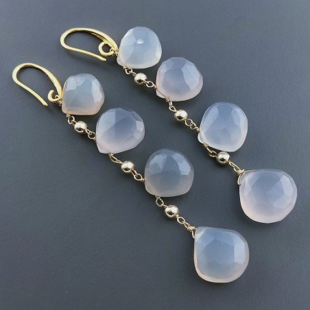 Orecchini In Argento 925 A Nodo Orafo Dorato Con Calcedonio Grigio Goccia Briolette Sfaccettato A Mano