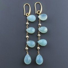 Orecchini In Argento 925 A Nodo Orafo Dorato Con Calcedonio Verde Acqua Goccia Briolette Sfaccettato A Mano