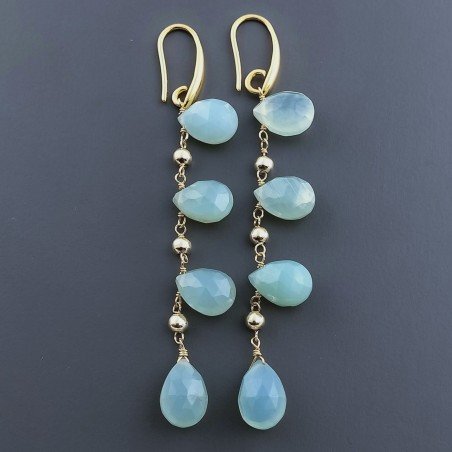 Orecchini In Argento 925 A Nodo Orafo Dorato Con Calcedonio Verde Acqua Goccia Briolette Sfaccettato A Mano