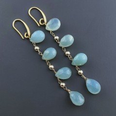 Orecchini In Argento 925 A Nodo Orafo Dorato Con Calcedonio Verde Acqua Goccia Briolette Sfaccettato A Mano