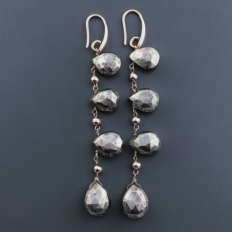 Orecchini In Argento 925 A Nodo Orafo Oro Rosa Con Pirite Naturale Goccia Briolette Sfaccettato A Mano