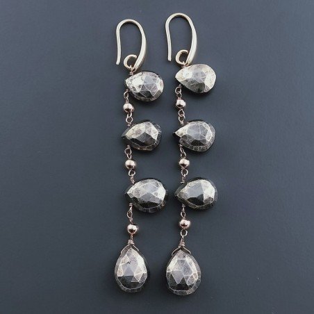 Orecchini In Argento 925 A Nodo Orafo Oro Rosa Con Pirite Naturale Goccia Briolette Sfaccettato A Mano