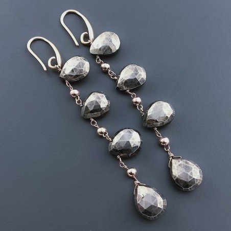 Orecchini In Argento 925 A Nodo Orafo Oro Rosa Con Pirite Naturale Goccia Briolette Sfaccettato A Mano