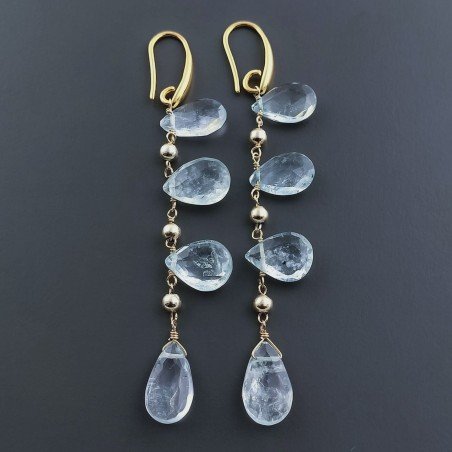 Orecchini In Argento 925 A Nodo Orafo Dorato Con Acquamarina Naturale Goccia Briolette Sfaccettato A Mano