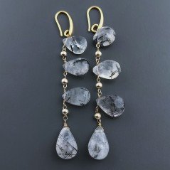 Orecchini In Argento 925 A Nodo Orafo Dorato Con Quarzo Rutillato Tormalinato Goccia Briolette Sfaccettato A Mano